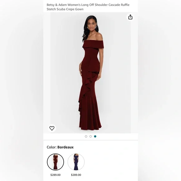 Betsy & Adam Women's Long Off Shoulder Cascade Ruffle Stetch Scuba Crepe Gown - Picture 2 of 6